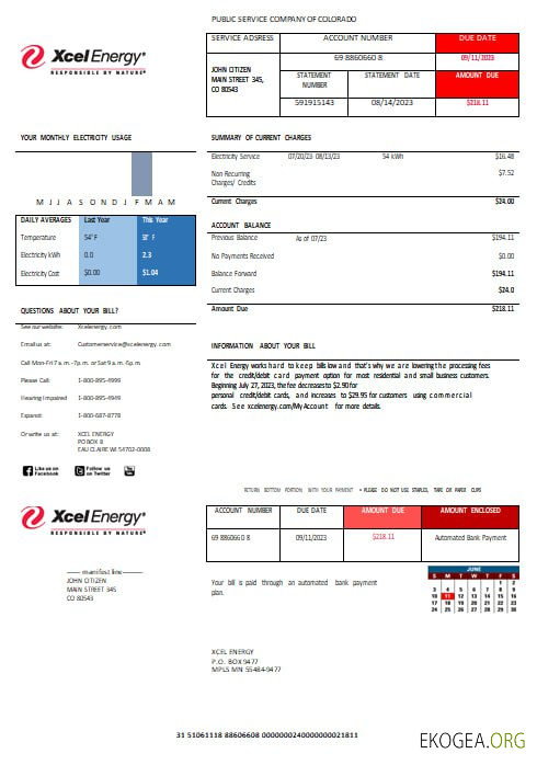 Usa Xcelenergy electric utility bill word and pdf formats template